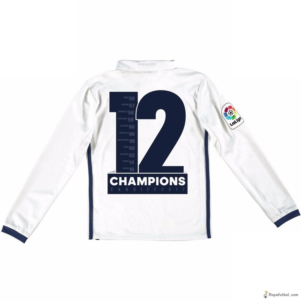 Camiseta Real Madrid Champions 12 Replica Primera Ropa ML Niños 2016/17 Blanco